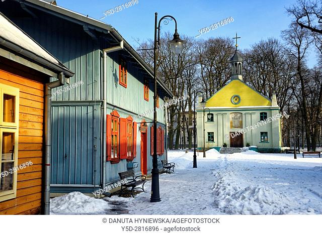 Winter scene, Open-air Museum of regional Wooden Architecture - integral part of Central Museum of Textiles, located on main artery of Lodz - Piotrkowska Street