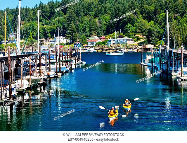 White Sailboats Marina Kayaks Reflection, Gig Harbor, Pierce County, Washington State Pacific Northwest
