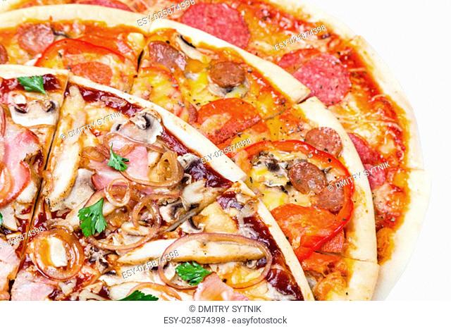 combo with three different slices of pizzas closeup from top. for advertisement or web design, promo, special price