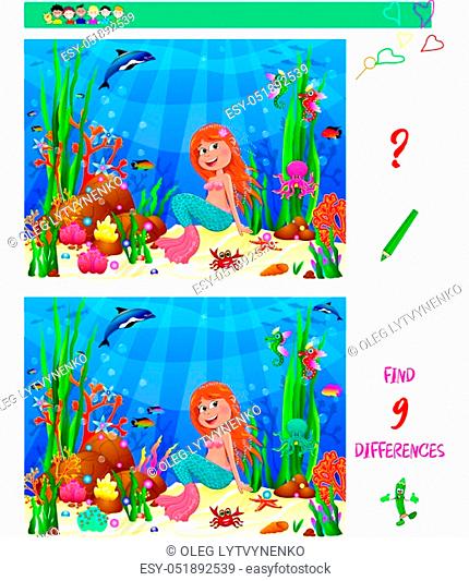 Little Mermaid underwater among sea creatures and underwater plants. The challenge for children is to find nine differences