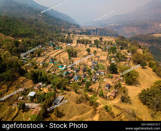 Aerial view of Nepane village near Kushma in Nepal