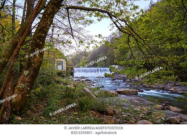 Waterfall, Power plant, Leizaran River, Leitzotz Auzoa, Andoain, Gipuzkoa, Basque Country, Spain