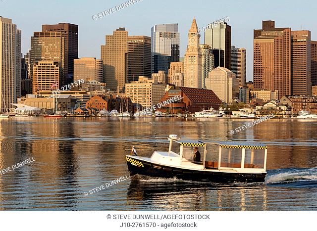 Water taxi ferry, skyline view from East Boston, Massachusetts, USA
