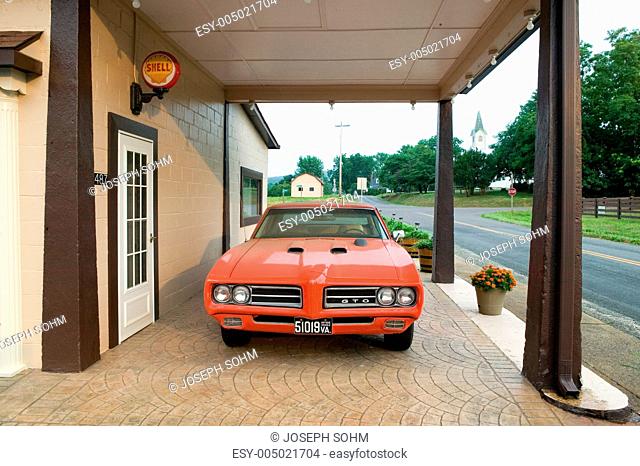 Parked Pontiac GTO at old Shell station in Orange County, Virginia