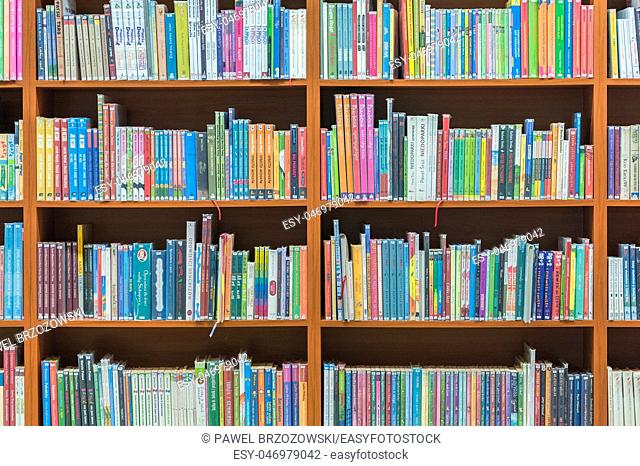 Bookshelf in public library, front view, horizontal