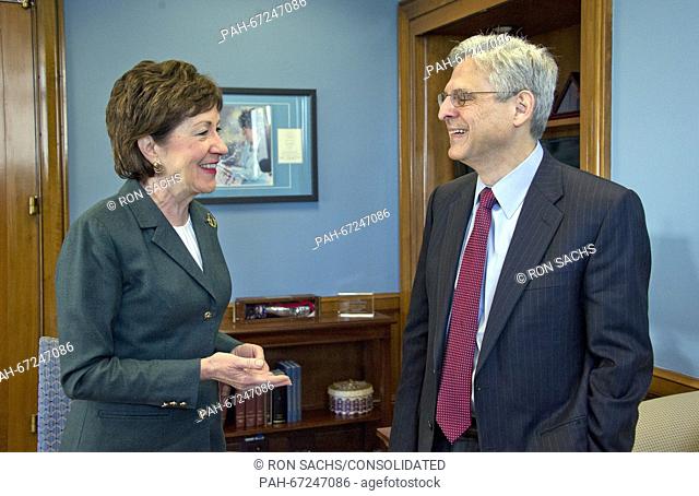 United States Senator Susan Collins (Republican of Maine), left, meets Judge Merrick Garland, chief justice for the US Court of Appeals for the District of...