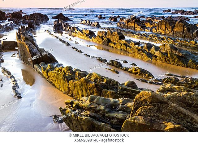 Barrika beach at sunset. Biscay, Basque Country, Spain