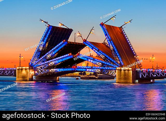 Neva river and open Palace (Dvortsovy) Bridge - St. Petersburg Russia