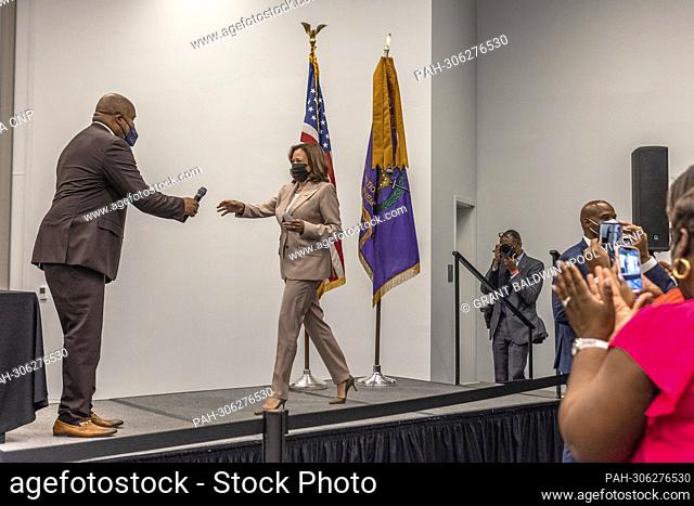 United States Vice President Kamala Harris makes a surprise visit to greet members of Omega Psi Phi Fraternity, Inc. at their 2022 international meeting