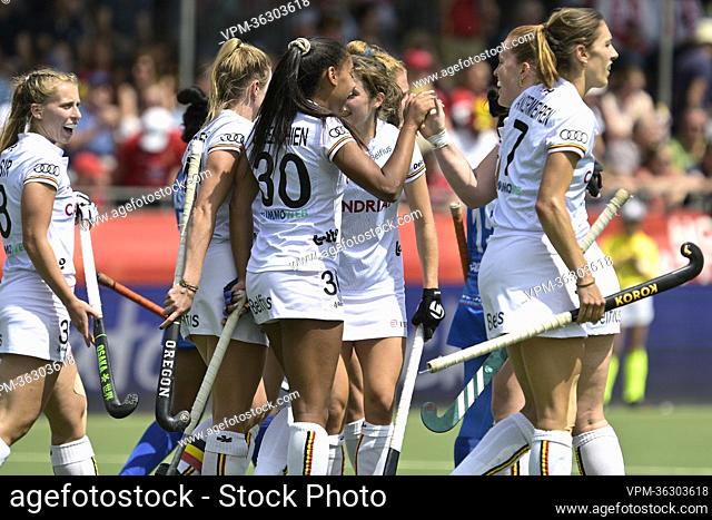 Belgium's Ambre Ballenghien celebrates after scoring during a hockey match between the Belgian Red Panthers and India in the group stage (game 12 out of 16) of...