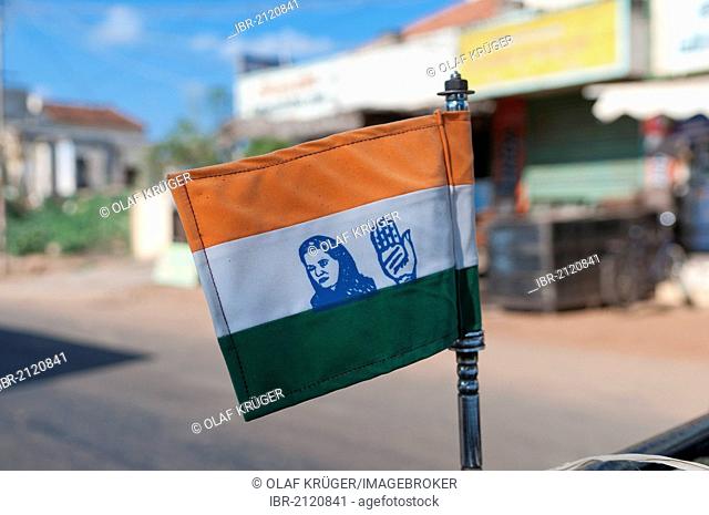 Small flag of the Indian Congress Party, with the symbol of a hand and the image of Sonia Gandhi, widow of Rajiv Gandhi, Karaikudi, Tamil Nadu, South India