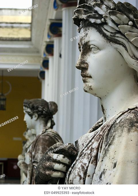 Achilleion palace, Corfu, Greece - August 24, 2018: Statues of the nine muses at Achilleion Palace, island of Corfu. Achilleion was built by Empress Elisabeth...