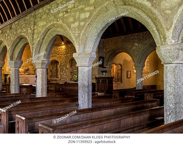 Zennor, England - April 26, 2017: Interior of the church of Zennor with pillars, Saint Senara Church