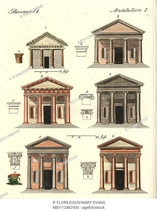Classical architecture orders: original 1, Tuscan 2, Doric 3, Ionic 4, Corinthian 5 and Roman or Composite 6. Handcoloured copperplate engraving from Friedrich...