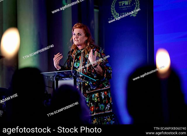 GOTHENBURG 20230914 Sarah Ferguson, Duchess of York gives a speech before handing over the honorary award ""The Perfect World Foundation Award"" to american...