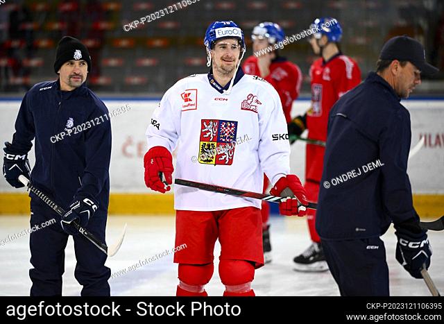 L-R Assistant coach Tomas Plekanec and forward Roman Cervenka attend the training session of Czech national ice hockey team prior to the Swiss Ice Hockey Games