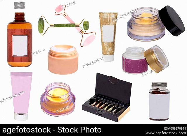 Collage of make up cosmetics and tools. Set of various open jars or bottles with cream for face, liquid make-up pillow, skin care products, serum for face