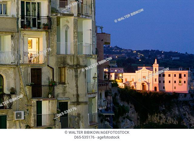 Town Buildings and church from ocean Belvedere in the evening, Tropea. Calabria, Italy