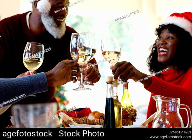 Multi generation african american family holding glasses of wine