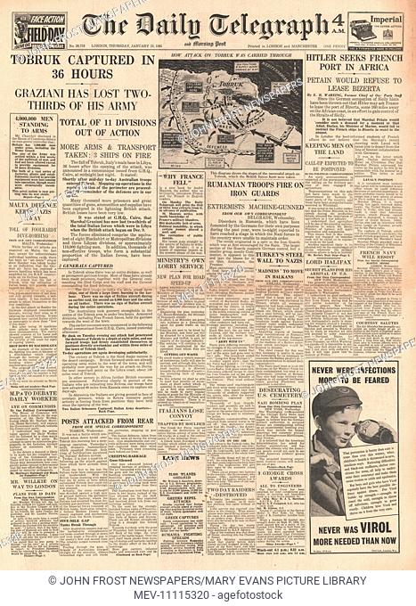 1941 front page Daily Telegraph Fall of Tobruk to Allies