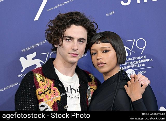Timothee Chalamet, Taylor Russell attends the photocall for ""Bones and all"" at the 79th Venice International Film Festival on September 01, 2022 in Venice