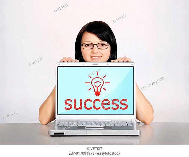 woman and notebook with success on a white background