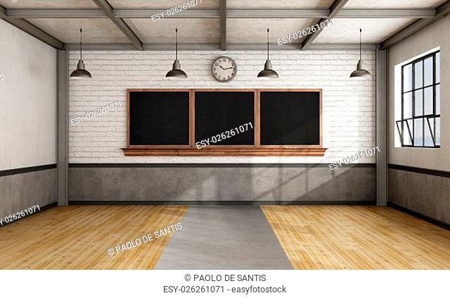 Empty retro classroom with blackboard on brick wall - 3D Rendering