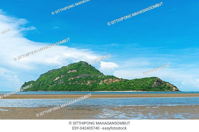 Ko Kho ram at Sam Roi Yod Beach Prachuap Khiri Khan Thailand with blue sky and cloud. Rock or stone mountain or hill. Landscape or scenery for