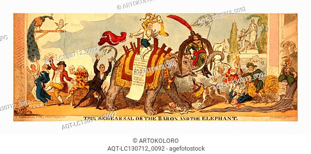The rehearsal or the baron and the elephant, Cruikshank, George, 1792-1878, engraving 1812, A satire on the Covent Garden pantomime of 1812-13