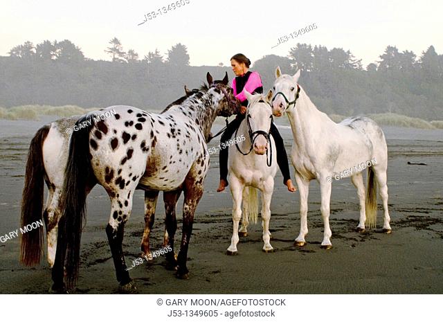 Woman riding horse bareback on beach with other horses. US Pacific coastline. California