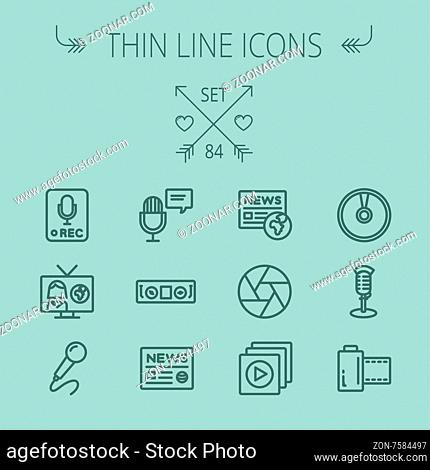 Multimedia thin line icon set for web and mobile. Set includes- for recording only sign, microphone, newspaper, newscaster, casette player icons