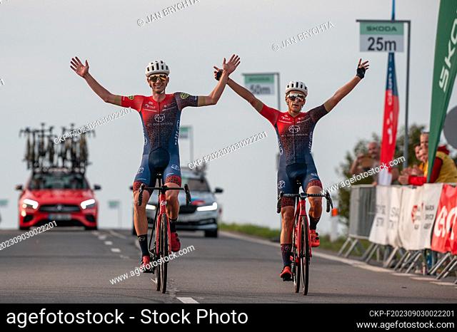 Czech cup road cycling, road cycling, Jakub Otruba (left, winner) and Jiri Petrus both from ATT Investments team celebrating win in Czech cup in Hrabyne
