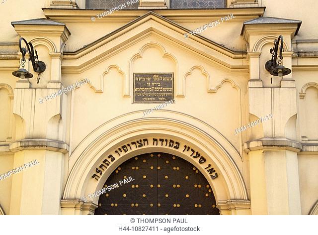 the, Temple Synagogue, temple, synagogue, Hebrew, writing, on, facade, Kazimierz, Krakow, Cracow, Poland, EU, Europe