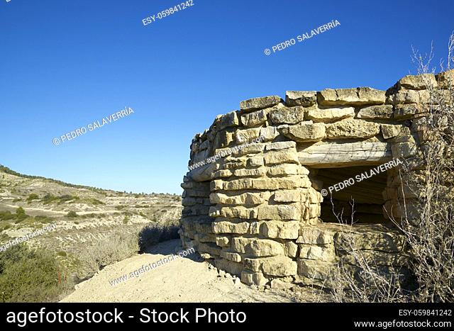Reconstruction of a defensive position, named as George Orwell trench, used during the Spanish civil war in Alcubierre, Huesca province, Aragon in Spain
