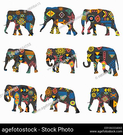 Set of colorful elephants with ethnic symbols pattern