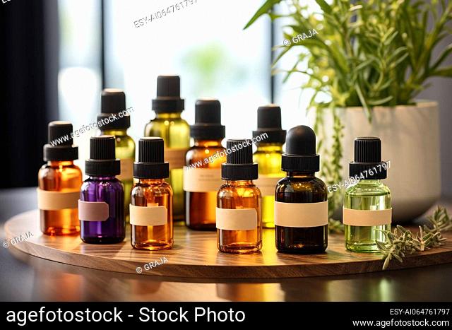 Assortment of organic essential oils and herbal extracts in glass bottles. Alternative therapy, aromatherapy. Natural ingredients in cosmetic and medicine