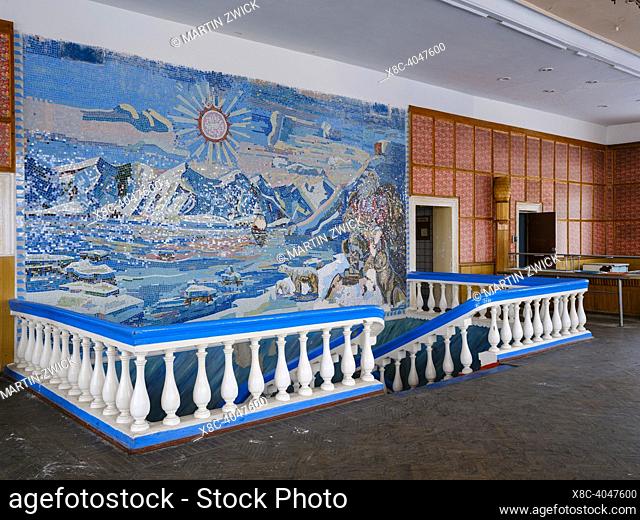 The canteen and dining hall. Pyramiden, abandoned russian mining settlement at the Billefjorden, island Spitzbergen in the svalbard archipelago