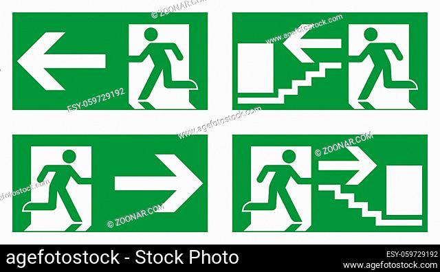 Emergency exit safety sign. White running man icon on green background - left, right and stairs version
