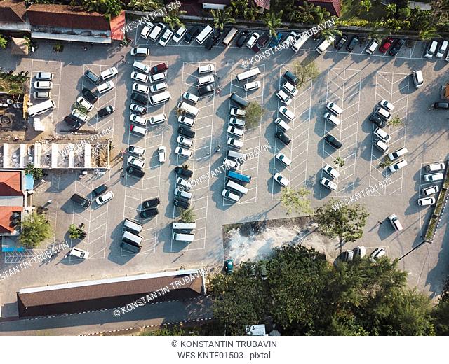 Indonesia, Bali, Aerial view of Car parking near Tanah Lot-temple