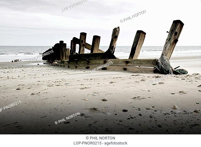 England, East Yorkshire, Spurn Point, View of old water breakers and the sandy beach at Spurn Point