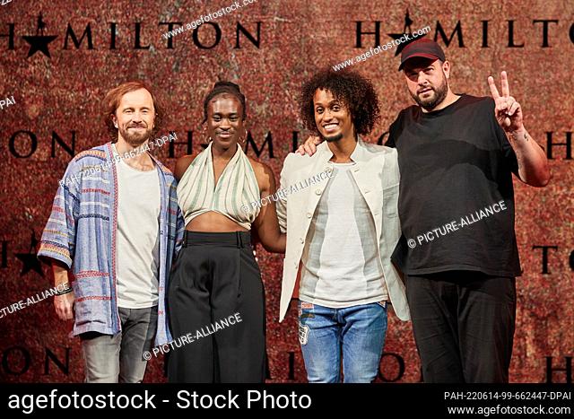 14 June 2022, Hamburg: Kevin Schroeder (l-r), musical author, the two musical leads Ivy Quainoo and Benet Monteiro, and Sera Finale, rapper and musician