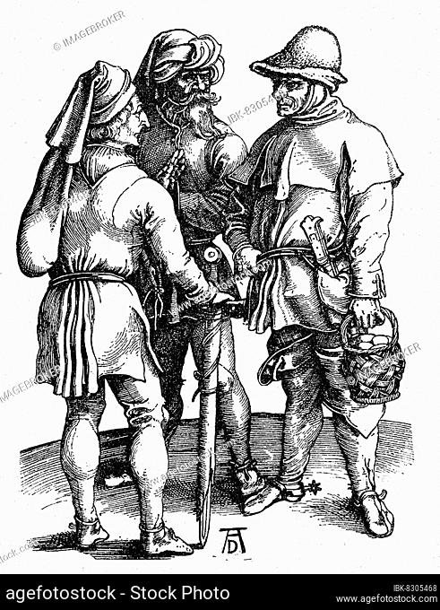 German peasants in the 16th century, after a drawing by Albrecht Dürer, Historical, digitally restored reproduction of a 19th century original