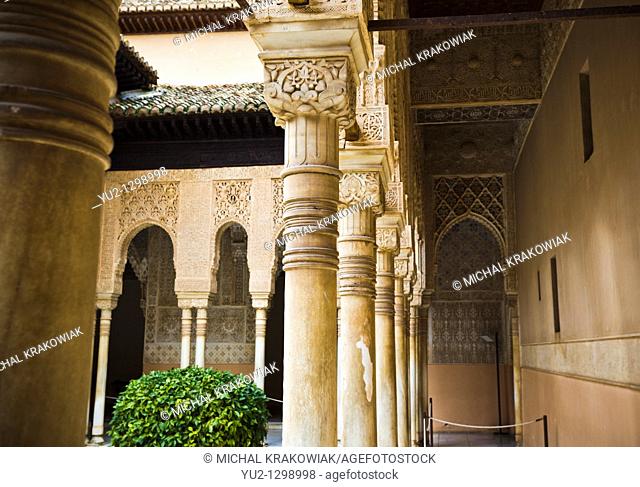 Columns on Patio of the Lions in Alhambra Granada, Spain