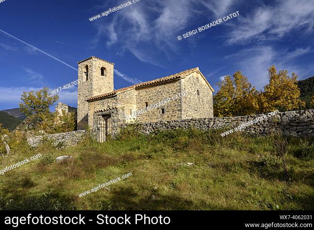 Sant Miquel de Turbians church in autumn, near Gisclareny (Barcelona province, Catalonia, Spain, Pyrenees)