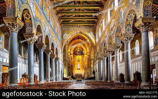 Interior of the cathedral with gold mosaics, Monreale, Sicily, Italy