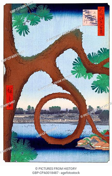 Japan: Autumn: 'Moon Pine' in Ueno (????????); Moon Pine, Shinobazu Pond, Benten Shrine. Image 89 of '100 Famous Views of Edo'
