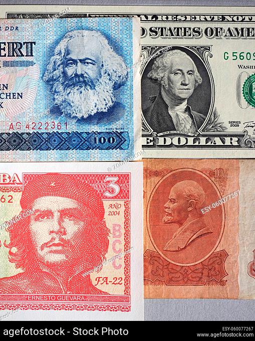Portraits of Marx, Washington, Che Guevara and Lenin on DDR, USA, Cuba and CCCP banknotes