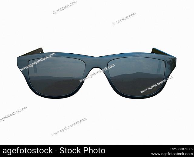 Chic Fashion Summer Sun Protection Cool Vintage Sun Glasses Sunglasses with Black Plastic Frame isolated over the White Background Closeup 3d illustration