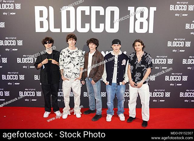 Influencers and tik toker Lele Giaccari, Diego Lazzari, Chicco Bertozzi, Davide Valvalà, Enea Barozzi on the red carpet on the occasion of the premiere of Block...