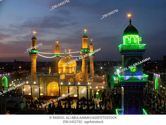 A picture of a Shi'ite shrine Musa al-Kadhim and his grandson Mohammed Jawad, It is a shrine of two gold domes and four minarets and a large courtyard